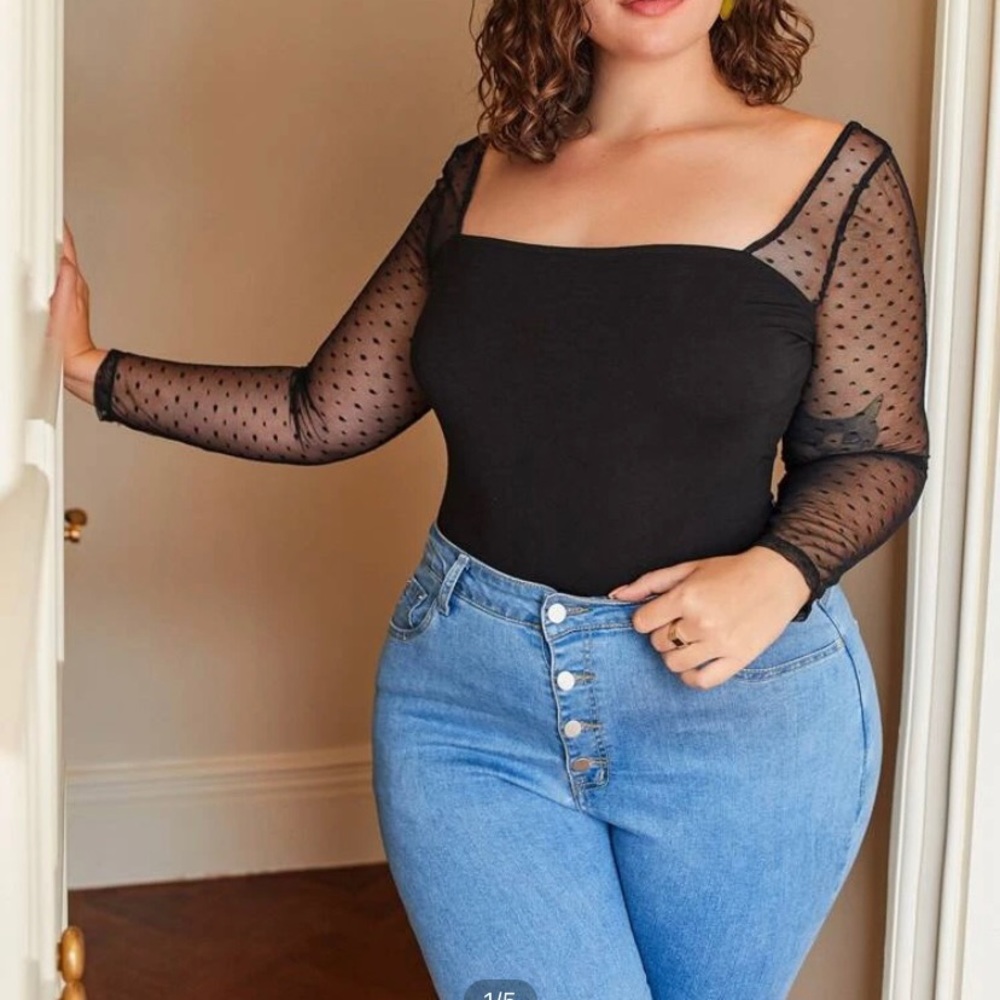 SHEIN Plus Sheer Polka Dot Sleeve Top